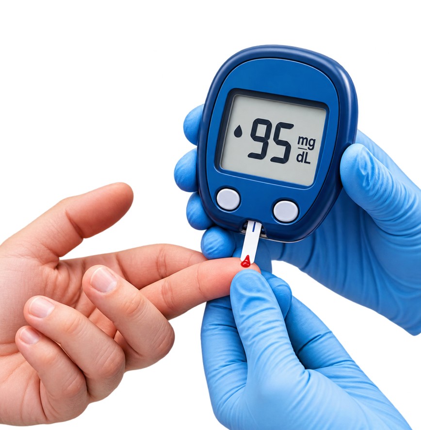 A blood sugar reading being taken from a fingertip with a glucometer