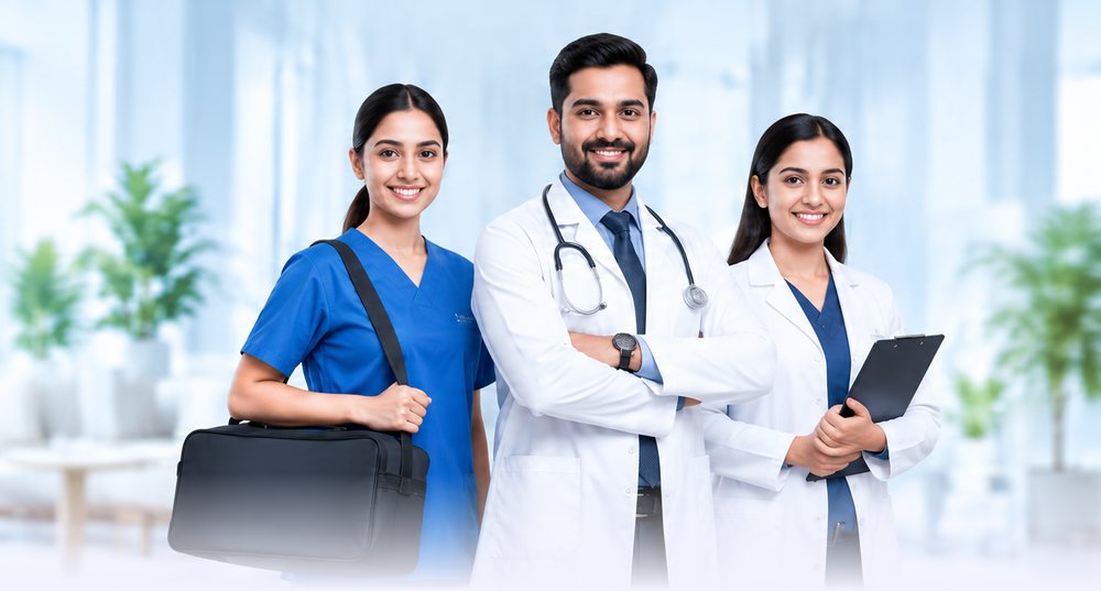 A phlebotomist and two doctors from the PLC Health Care team
