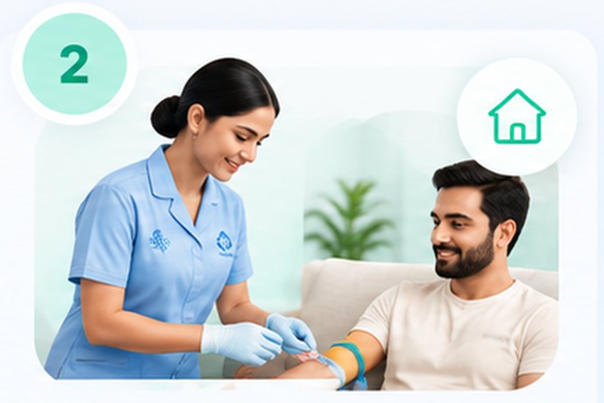 Step 2. A phlebotomist taking a sample at a patient’s home