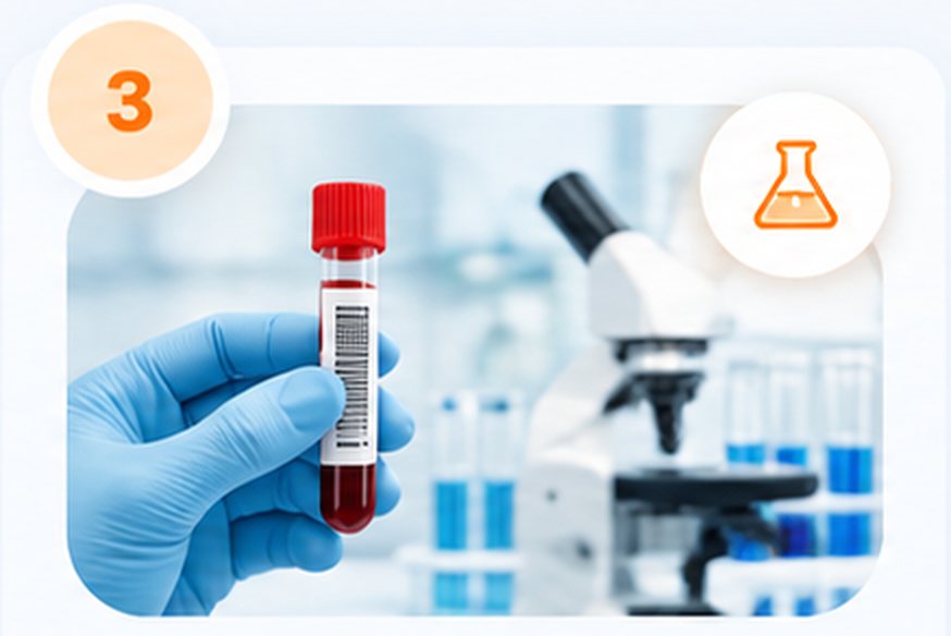 Step 3. A blood sample being analysed in a laboratory